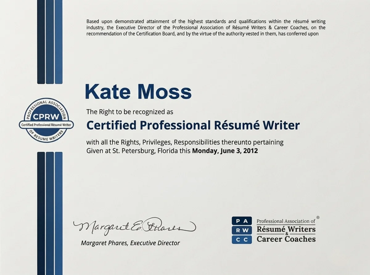 CPRW Certificate — Kate Moss, Certified Professional Résumé Writer, PARW&CC