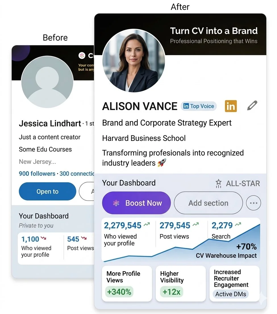 A LinkedIn profile rebuilt around one professional position, shown before and after the CV Warehouse personal branding rewrite