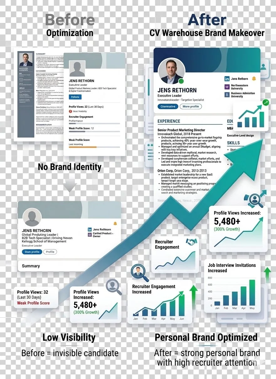Illustration contrasting a LinkedIn profile that is missed in recruiter search with one that answers it